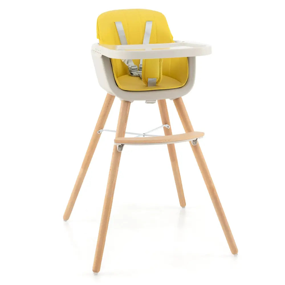 3-in-1 Convertible Wooden High Chair with Cushion-Yellow - Yellow - High Chairs