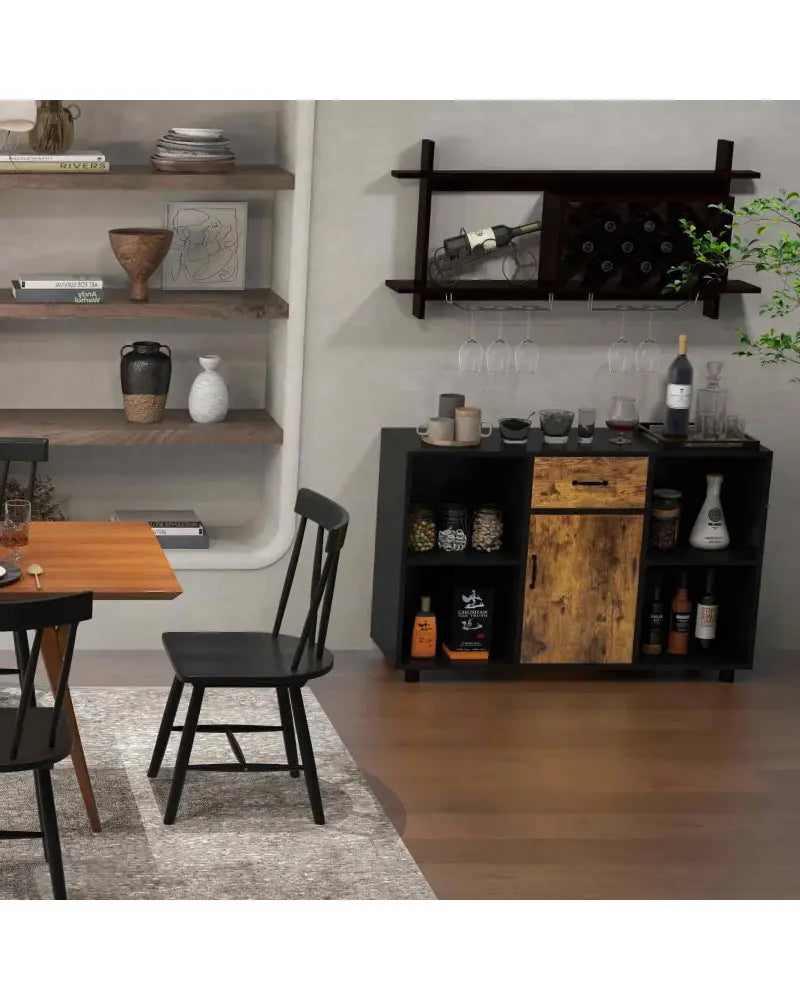 3-in-1 Dining Set: Windsor Chairs Industrial Sideboard & Wall-Mount Wine Rack Combo - Dining Room Sets