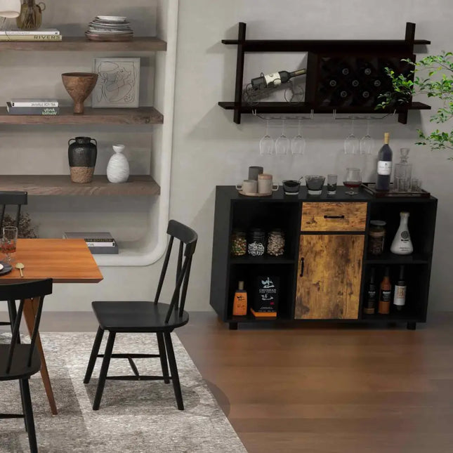 3-in-1 Dining Set: Windsor Chairs  Industrial Sideboard & Wall-Mount Wine Rack Combo Costway