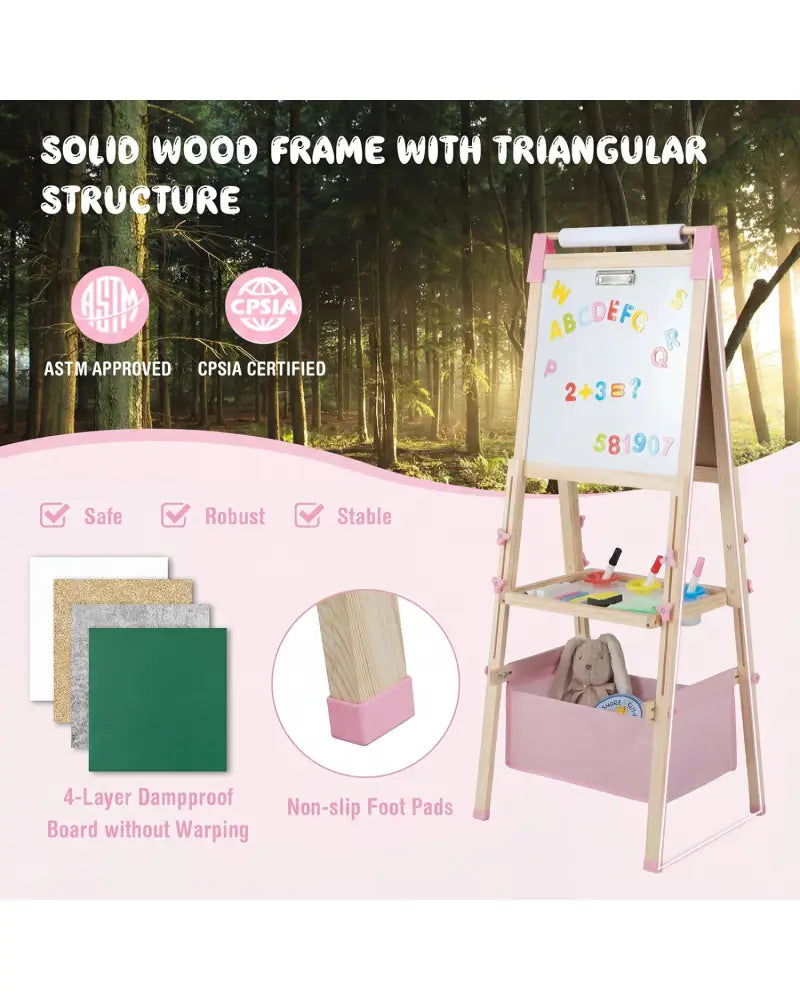 3-in-1 Double-Sided Adjustable Kid Easel for 3-8 Years Old Toddlers-Pink - Pink - Art Easels