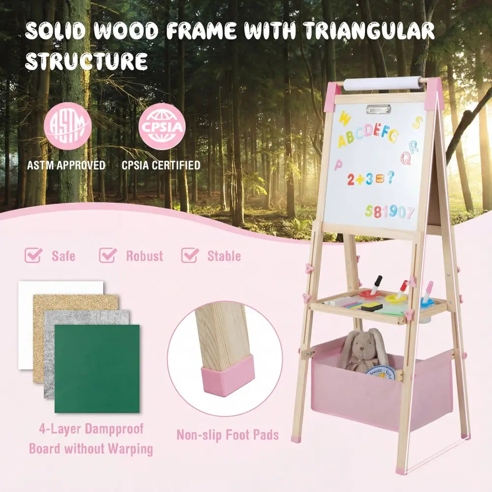 3-in-1 Double-Sided Adjustable Kid Easel for 3-8 Years Old Toddlers-Pink - Pink - Art Easels