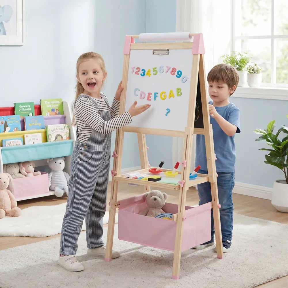 3-in-1 Double-Sided Adjustable Kid Easel for 3-8 Years Old Toddlers-Pink - Pink - Art Easels