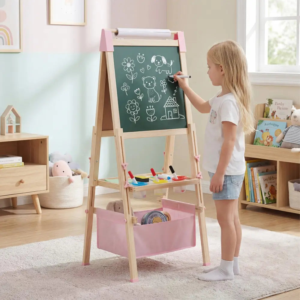 3-in-1 Double-Sided Adjustable Kid Easel for 3-8 Years Old Toddlers-Pink - Pink - Art Easels