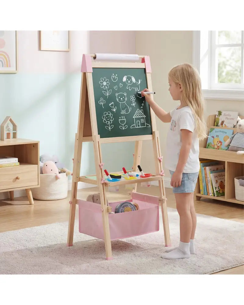 3-in-1 Double-Sided Adjustable Kid Easel for 3-8 Years Old Toddlers-Pink - Pink - Art Easels