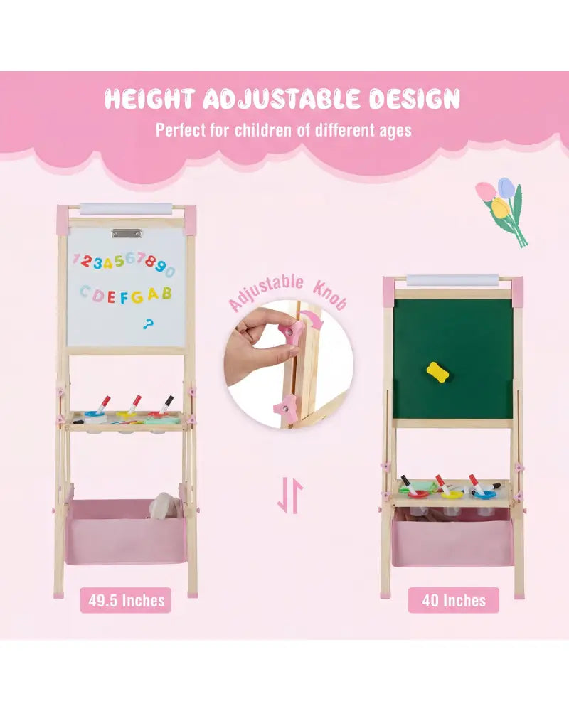 3-in-1 Double-Sided Adjustable Kid Easel for 3-8 Years Old Toddlers-Pink - Pink - Art Easels