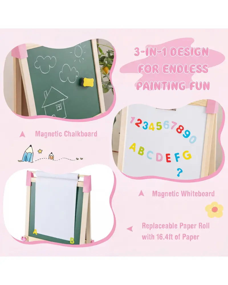 3-in-1 Double-Sided Adjustable Kid Easel for 3-8 Years Old Toddlers-Pink - Pink - Art Easels