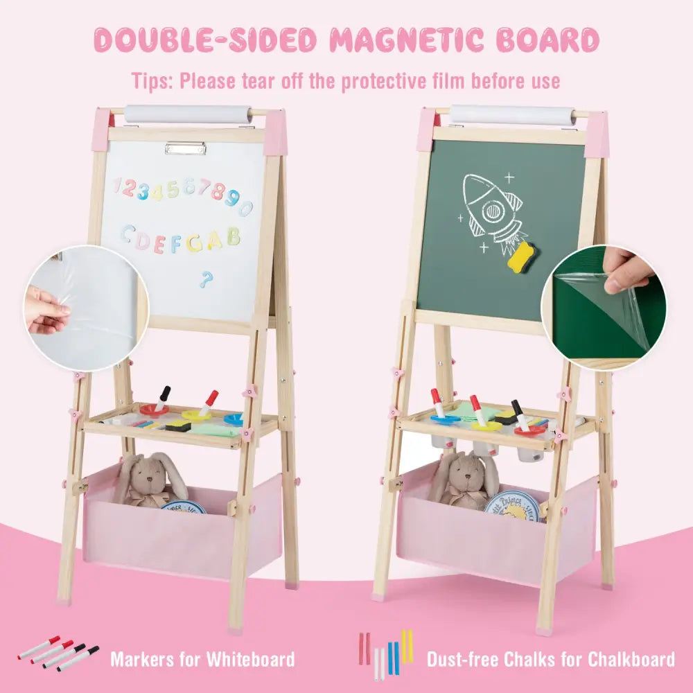 3-in-1 Double-Sided Adjustable Kid Easel for 3-8 Years Old Toddlers-Pink - Pink - Art Easels