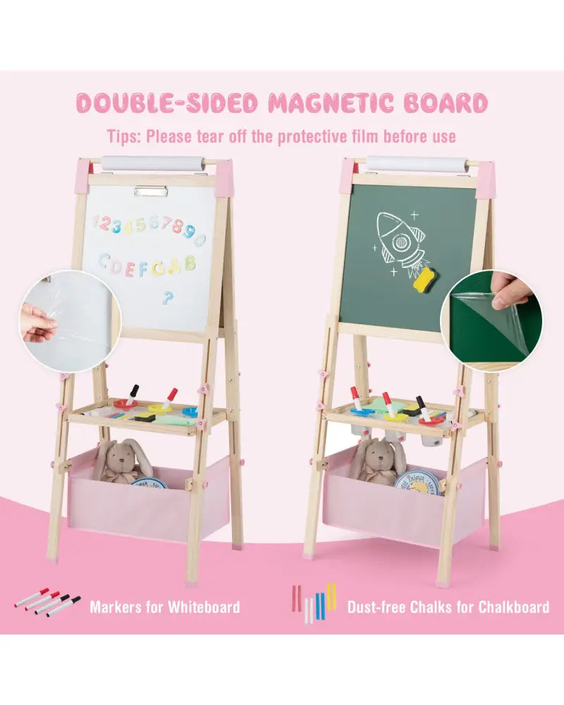 3-in-1 Double-Sided Adjustable Kid Easel for 3-8 Years Old Toddlers-Pink - Pink - Art Easels
