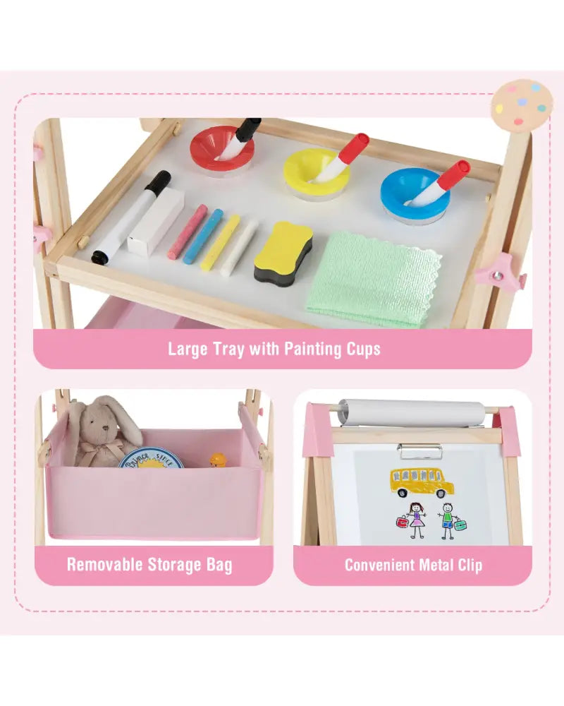 3-in-1 Double-Sided Adjustable Kid Easel for 3-8 Years Old Toddlers-Pink - Pink - Art Easels