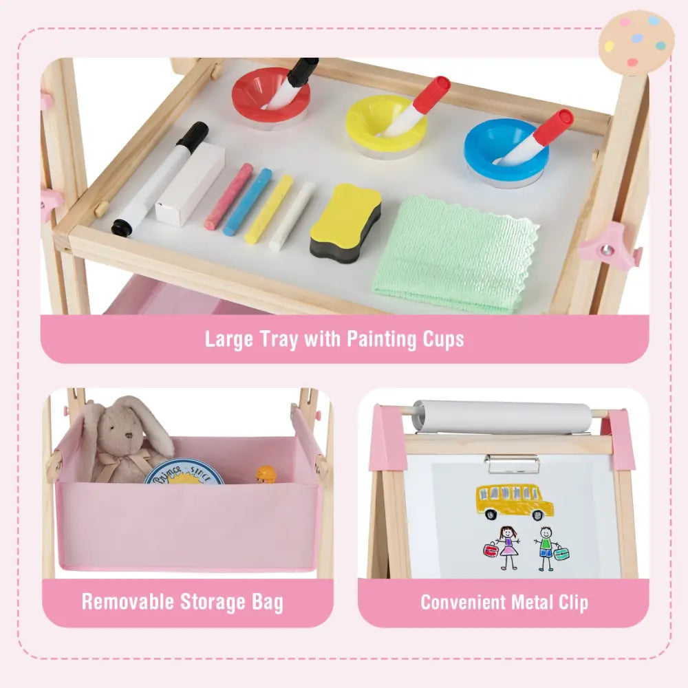 3-in-1 Double-Sided Adjustable Kid Easel for 3-8 Years Old Toddlers-Pink - Pink - Art Easels