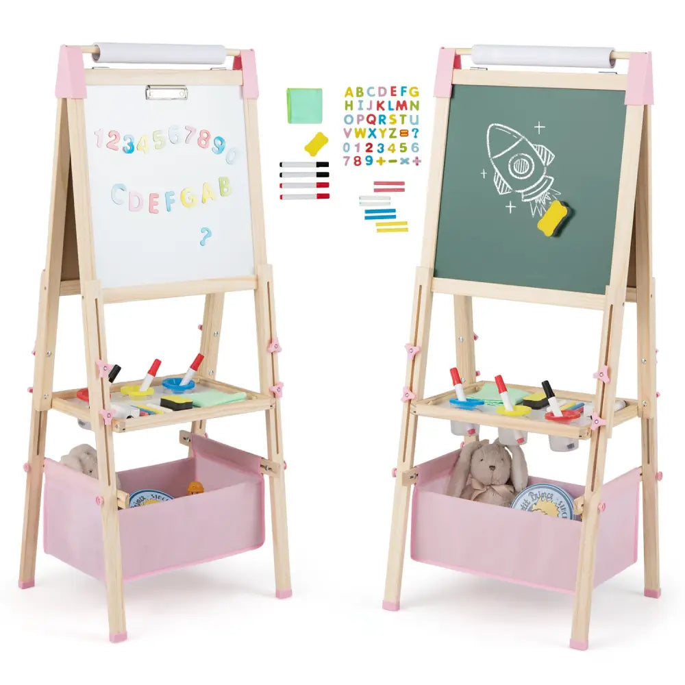 3-in-1 Double-Sided Adjustable Kid Easel for 3-8 Years Old Toddlers-Pink - Pink - Art Easels