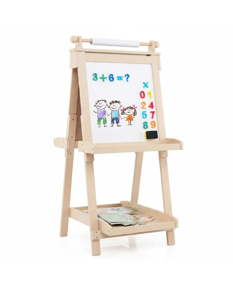 3-in-1 Double-sided Art Easel with Chalkboard and Magnetic Whiteboard-Natrual - Natural - Art Easels