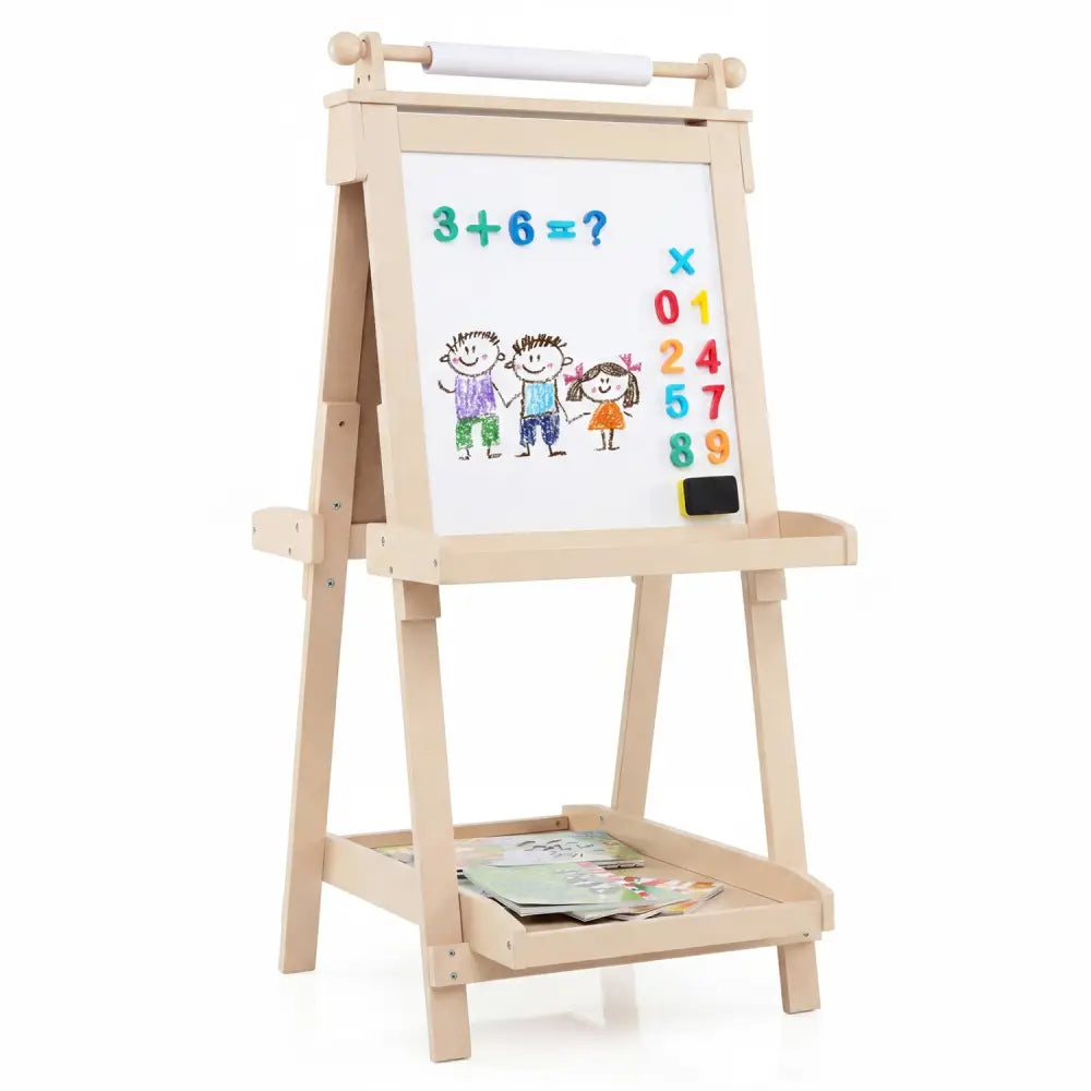3-in-1 Double-sided Art Easel with Chalkboard and Magnetic Whiteboard-Natrual - Natural - Art Easels