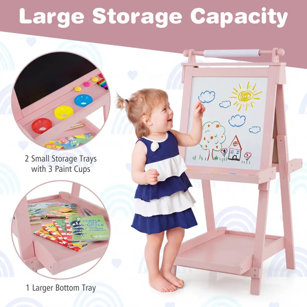 3-in-1 Double-sided Art Easel with Chalkboard and Magnetic Whiteboard-Pink - Pink - Art Easels