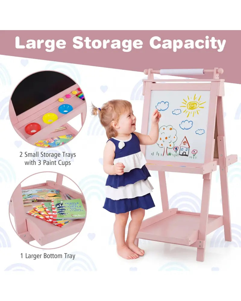 3-in-1 Double-sided Art Easel with Chalkboard and Magnetic Whiteboard-Pink - Pink - Art Easels