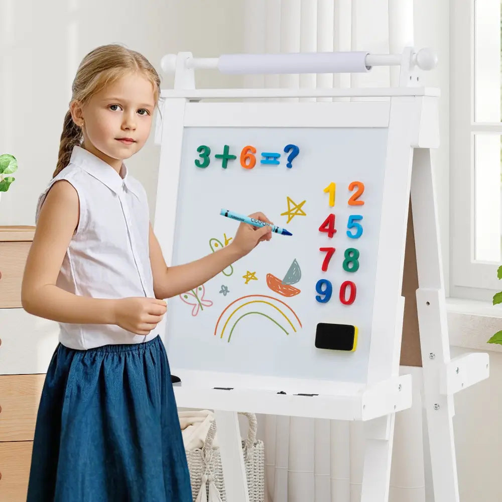 3-in-1 Double-sided Art Easel with Chalkboard and Magnetic Whiteboard-White - White - Art Easels