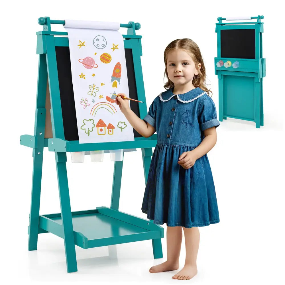 3-in-1 Double-sided Art Easel with Chalkboard and Magnetic Whiteboard-Green - Green - Art Easels