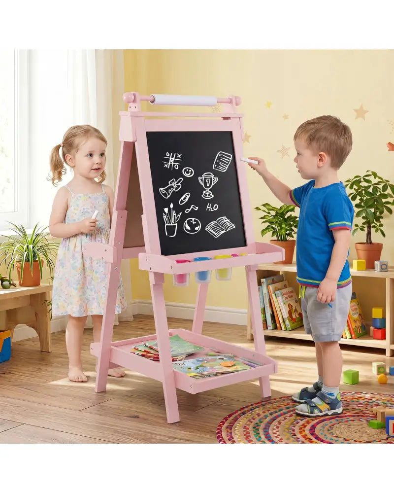 3-in-1 Double-sided Art Easel with Chalkboard and Magnetic Whiteboard-Pink - Pink - Art Easels