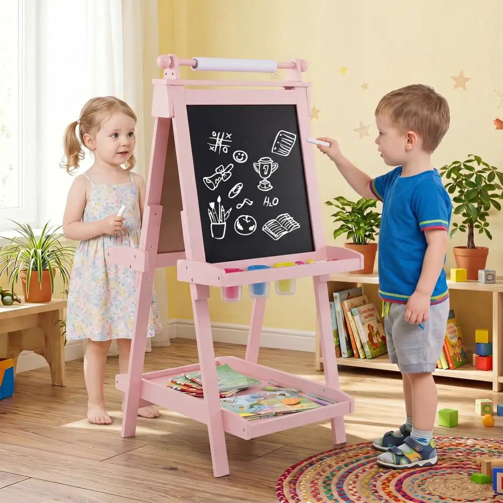 3-in-1 Double-sided Art Easel with Chalkboard and Magnetic Whiteboard-Pink - Pink - Art Easels