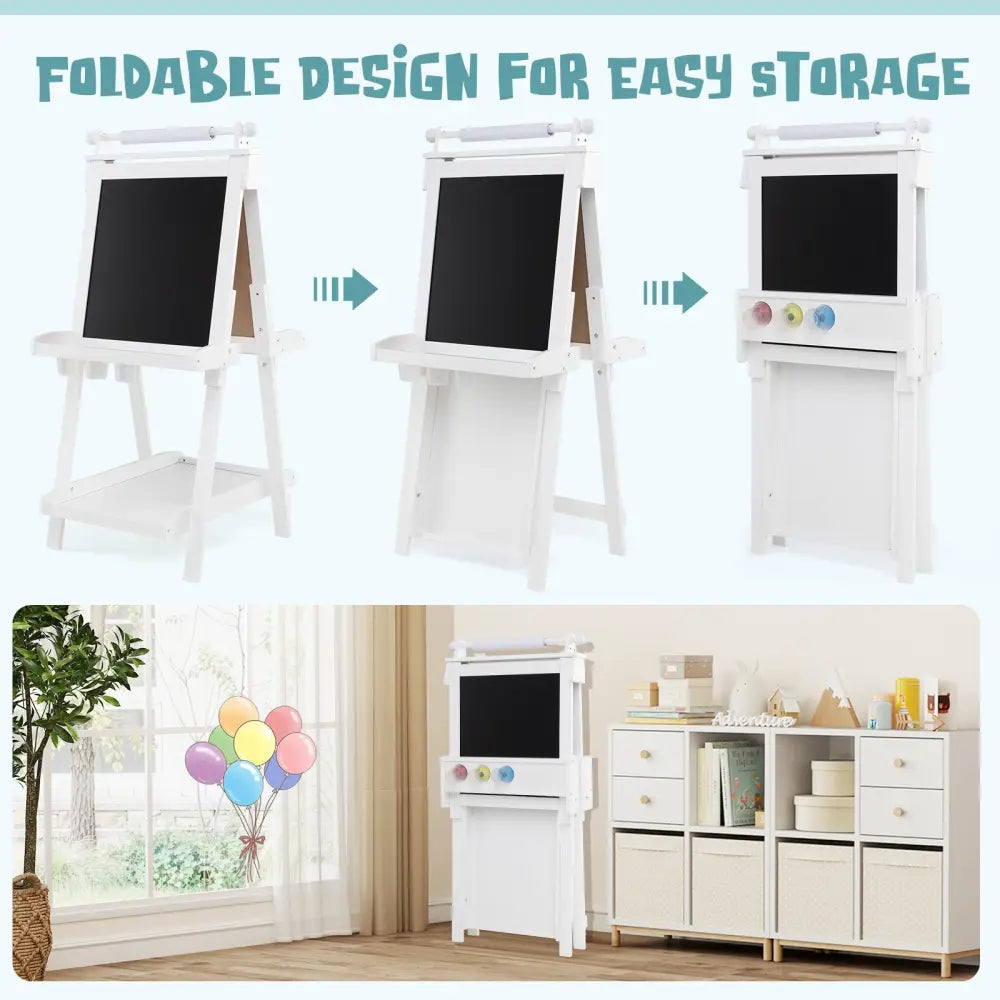 3-in-1 Double-sided Art Easel with Chalkboard and Magnetic Whiteboard-White - White - Art Easels
