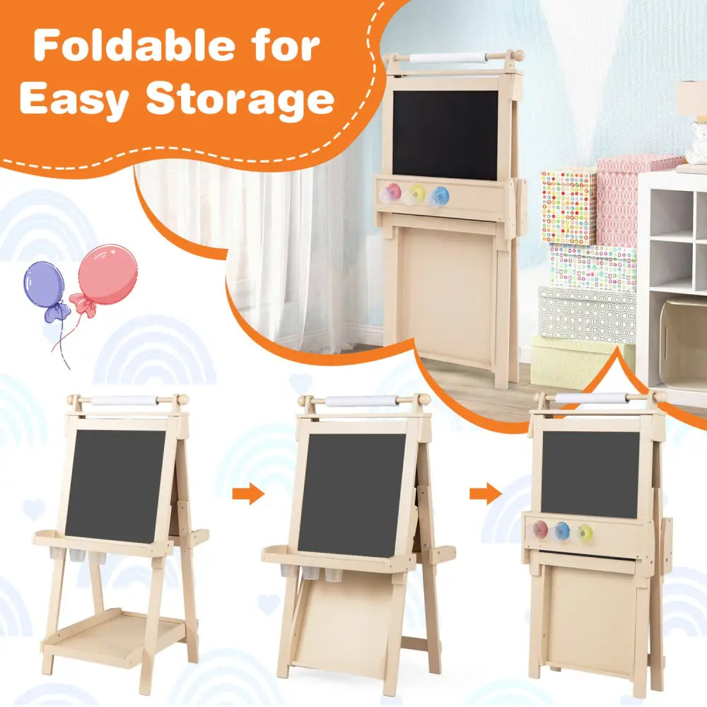 3-in-1 Double-sided Art Easel with Chalkboard and Magnetic Whiteboard-Natrual - Natural - Art Easels