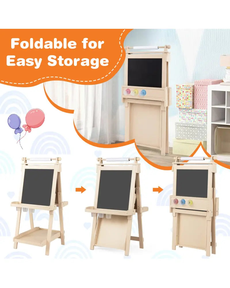3-in-1 Double-sided Art Easel with Chalkboard and Magnetic Whiteboard-Natrual - Natural - Art Easels