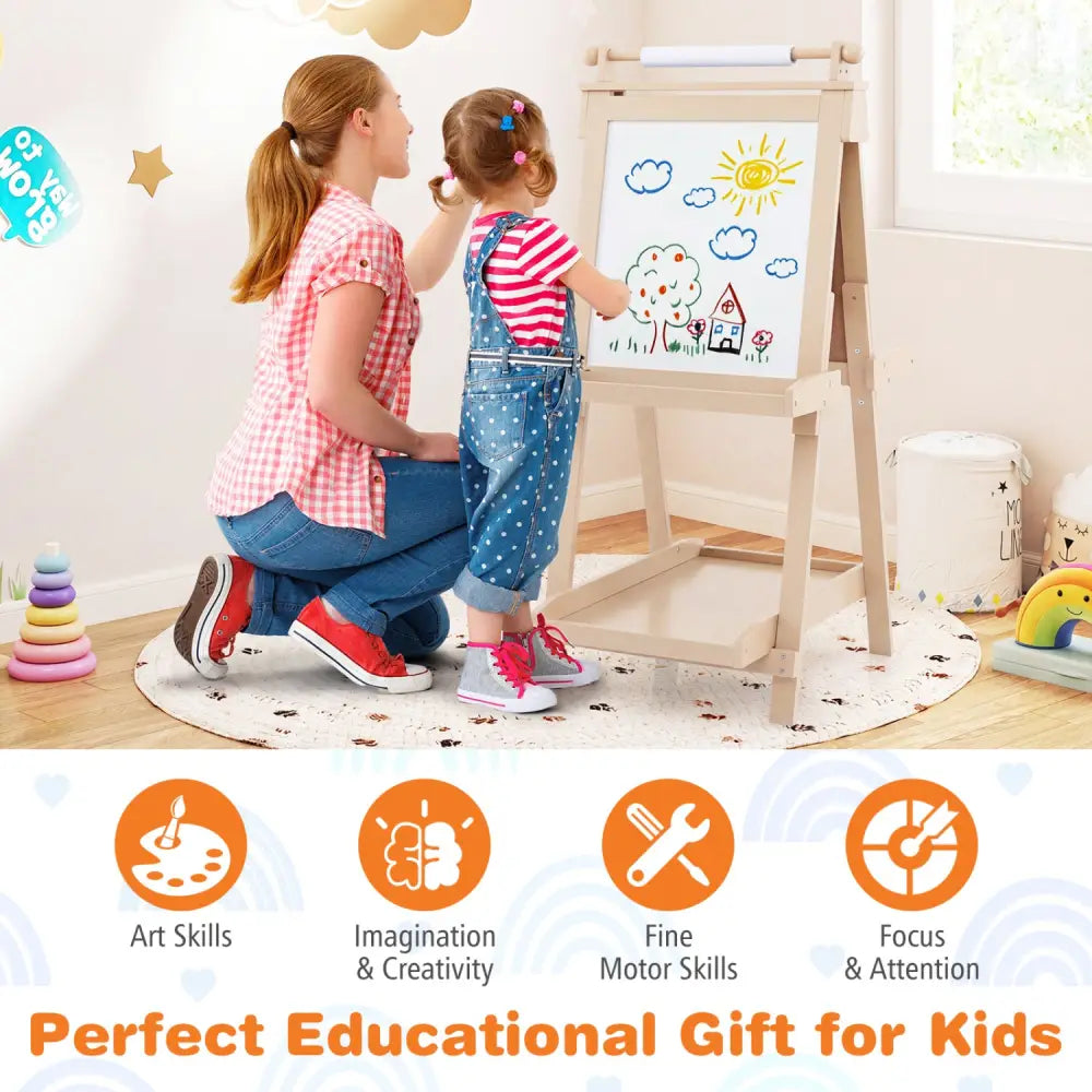 3-in-1 Double-sided Art Easel with Chalkboard and Magnetic Whiteboard-Natrual - Natural - Art Easels