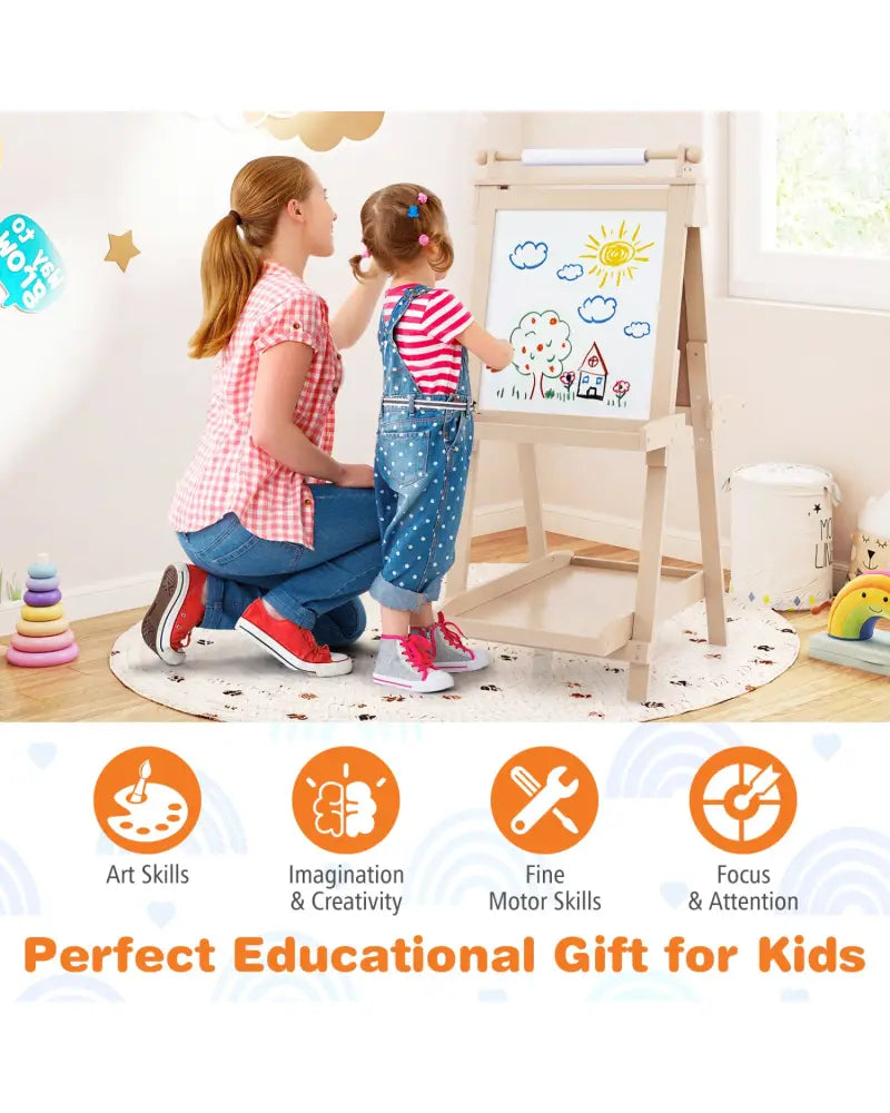 3-in-1 Double-sided Art Easel with Chalkboard and Magnetic Whiteboard-Natrual - Natural - Art Easels