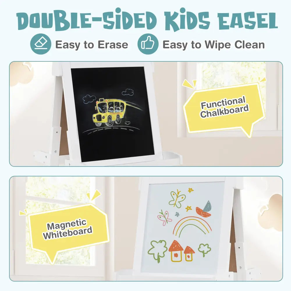 3-in-1 Double-sided Art Easel with Chalkboard and Magnetic Whiteboard-White - White - Art Easels