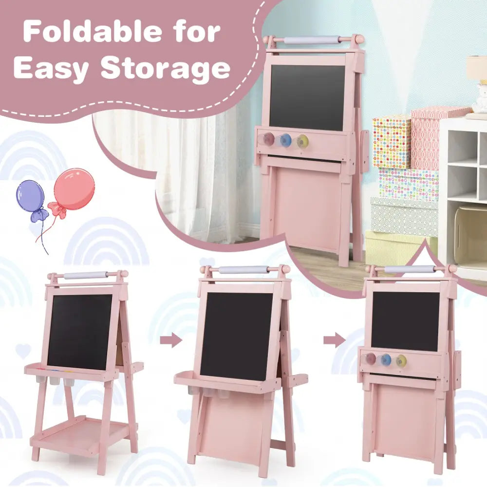 3-in-1 Double-sided Art Easel with Chalkboard and Magnetic Whiteboard-Pink - Pink - Art Easels