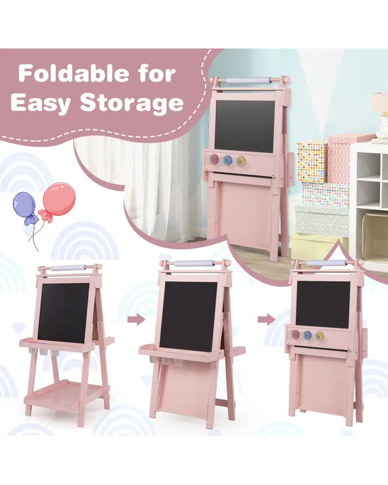 3-in-1 Double-sided Art Easel with Chalkboard and Magnetic Whiteboard-Pink - Pink - Art Easels