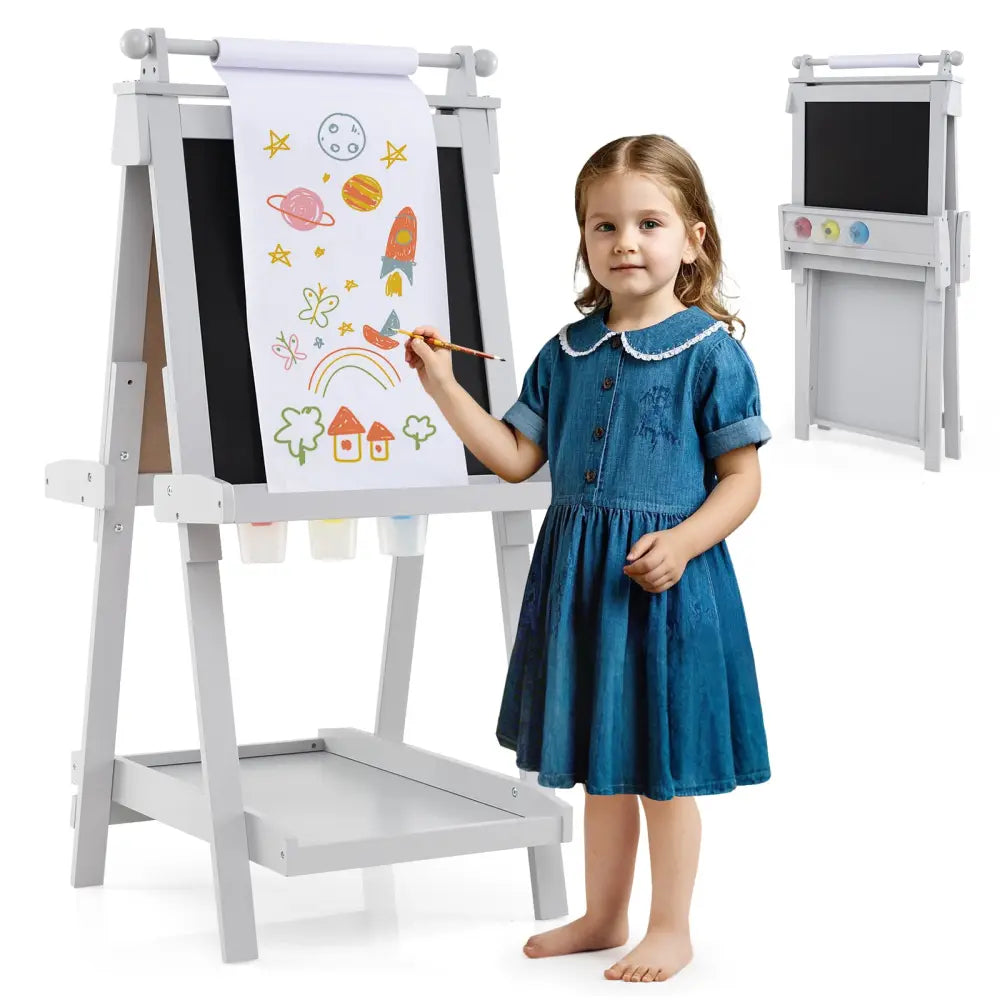 3-in-1 Double-sided Art Easel with Chalkboard and Magnetic Whiteboard-Gray - Gray - Art Easels