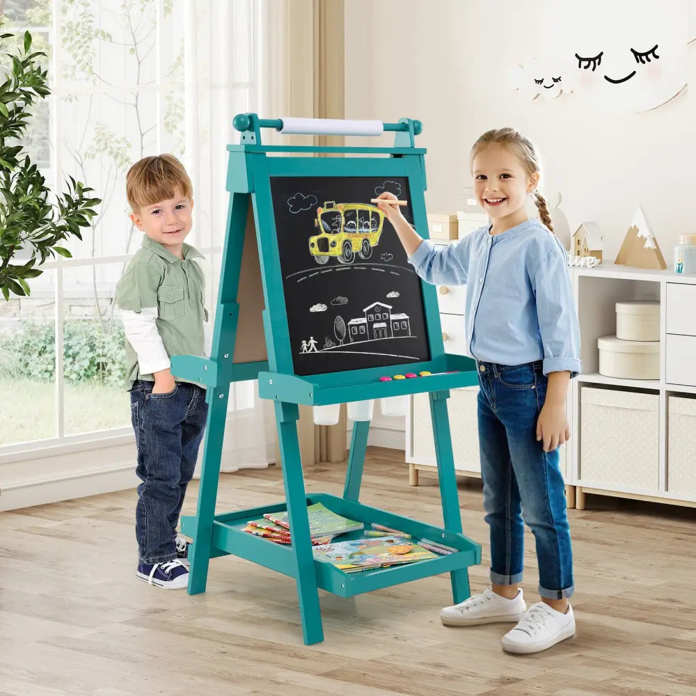 3-in-1 Double-sided Art Easel with Chalkboard and Magnetic Whiteboard-Green - Green - Art Easels