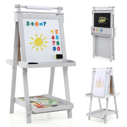 3 - in - 1 Double - sided Art Easel with Chalkboard and Magnetic Whiteboard - Gray - Oasis Home Essentials