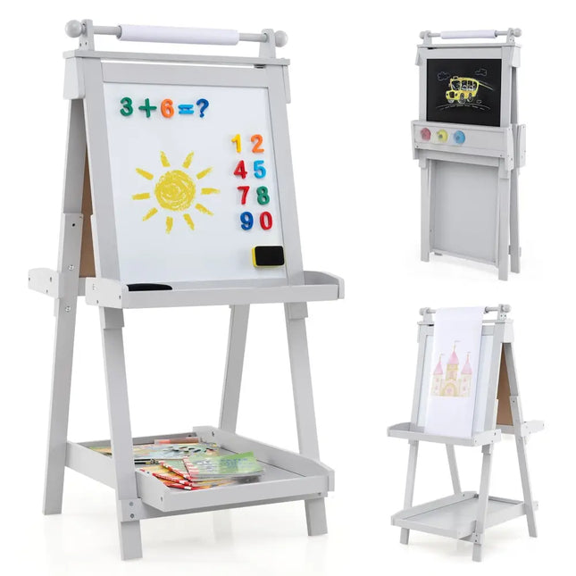 3 - in - 1 Double - sided Art Easel with Chalkboard and Magnetic Whiteboard - Gray - Oasis Home Essentials