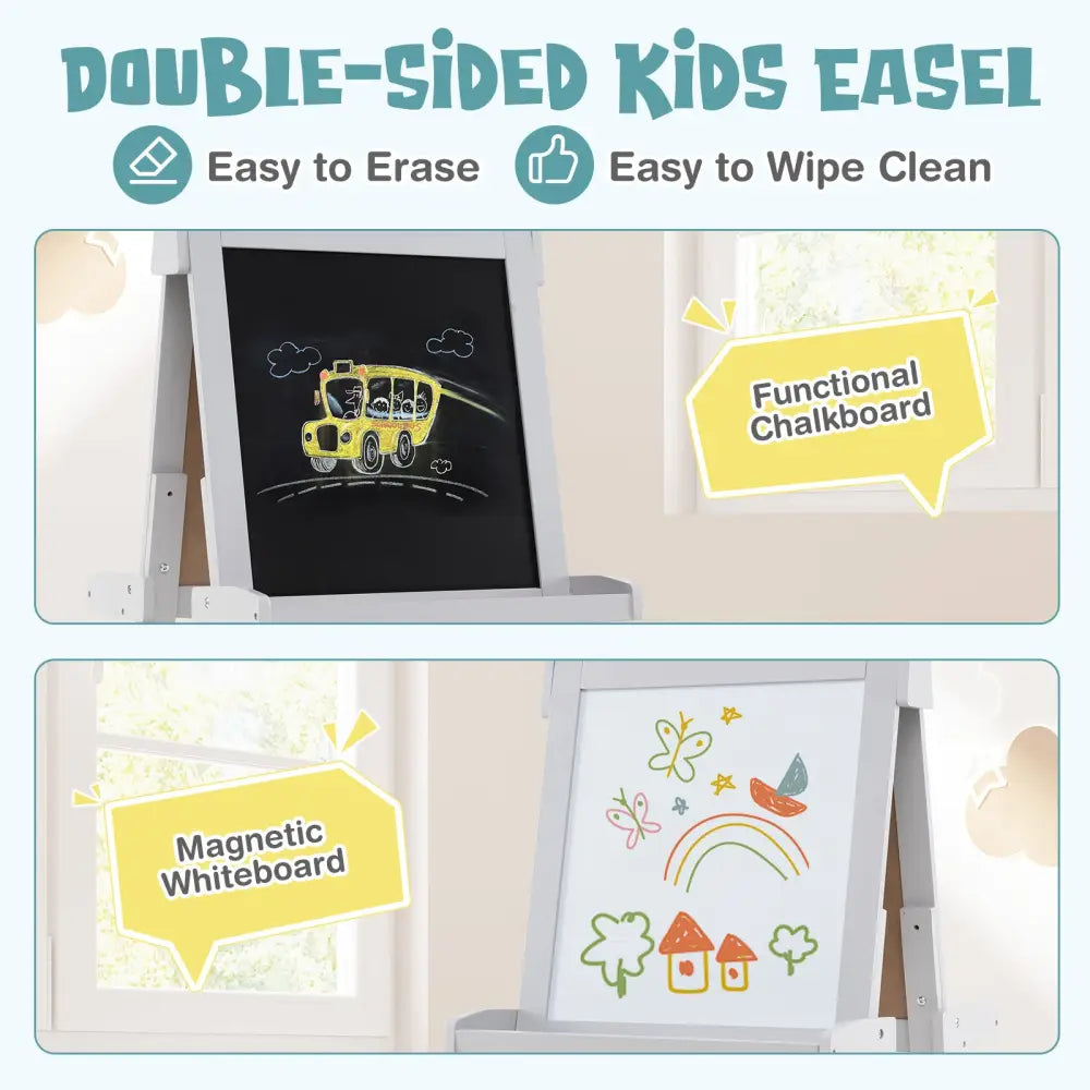 3-in-1 Double-sided Art Easel with Chalkboard and Magnetic Whiteboard-Gray - Gray - Art Easels