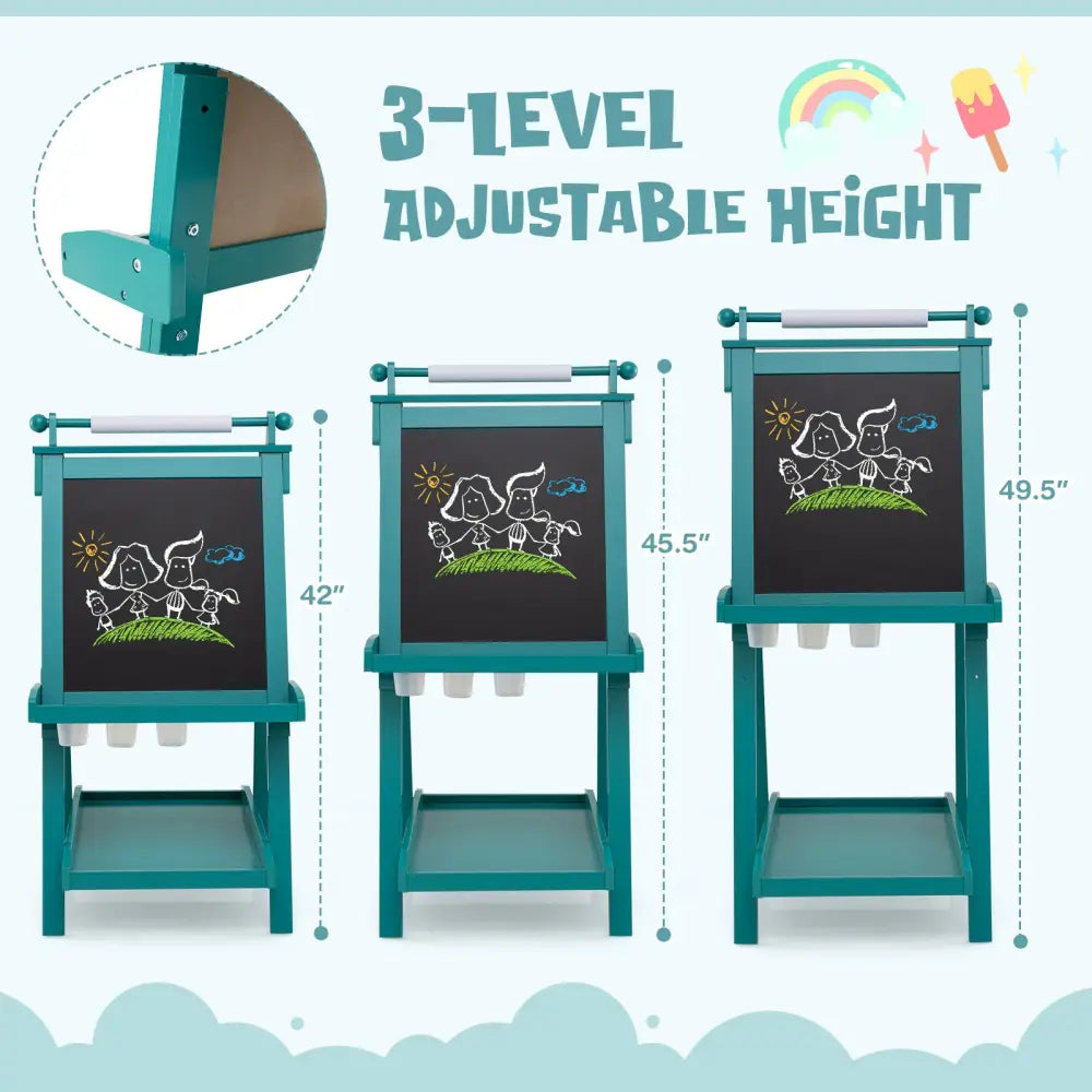3-in-1 Double-sided Art Easel with Chalkboard and Magnetic Whiteboard-Green - Green - Art Easels