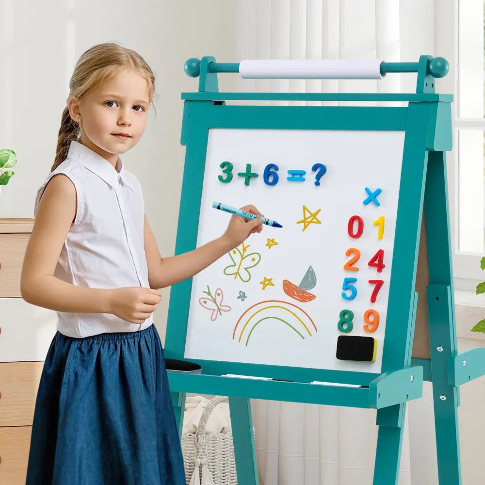 3-in-1 Double-sided Art Easel with Chalkboard and Magnetic Whiteboard-Green - Green - Art Easels