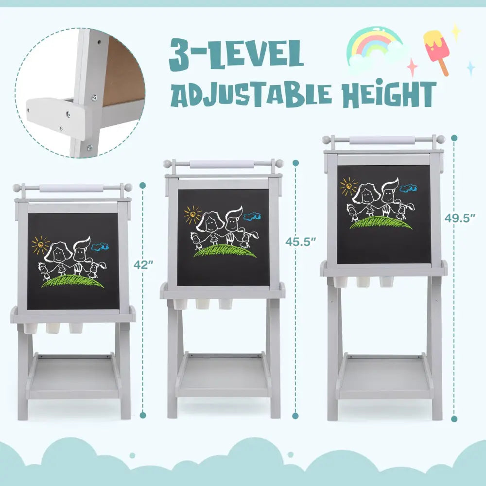 3-in-1 Double-sided Art Easel with Chalkboard and Magnetic Whiteboard-Gray - Gray - Art Easels
