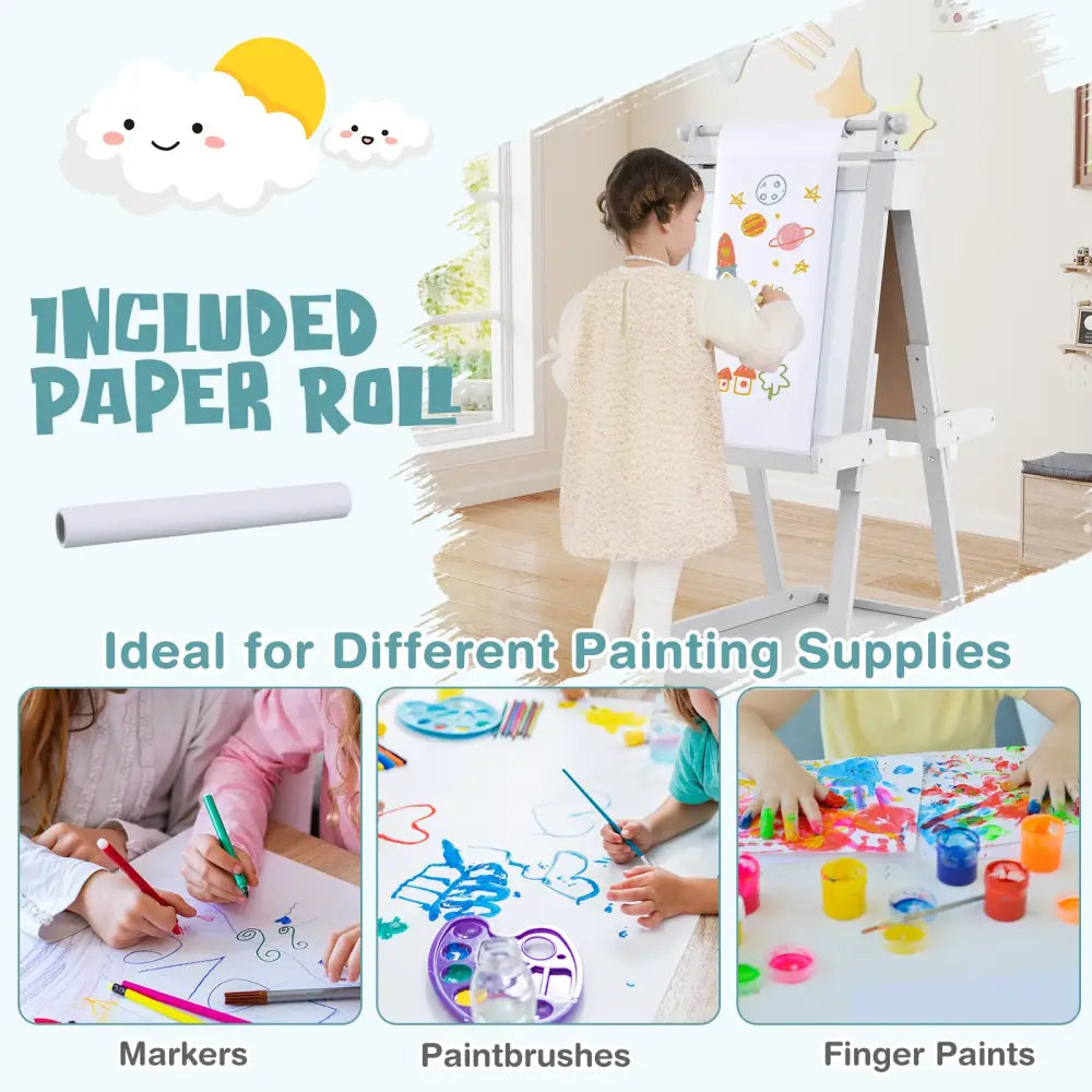 3-in-1 Double-sided Art Easel with Chalkboard and Magnetic Whiteboard-Gray - Gray - Art Easels