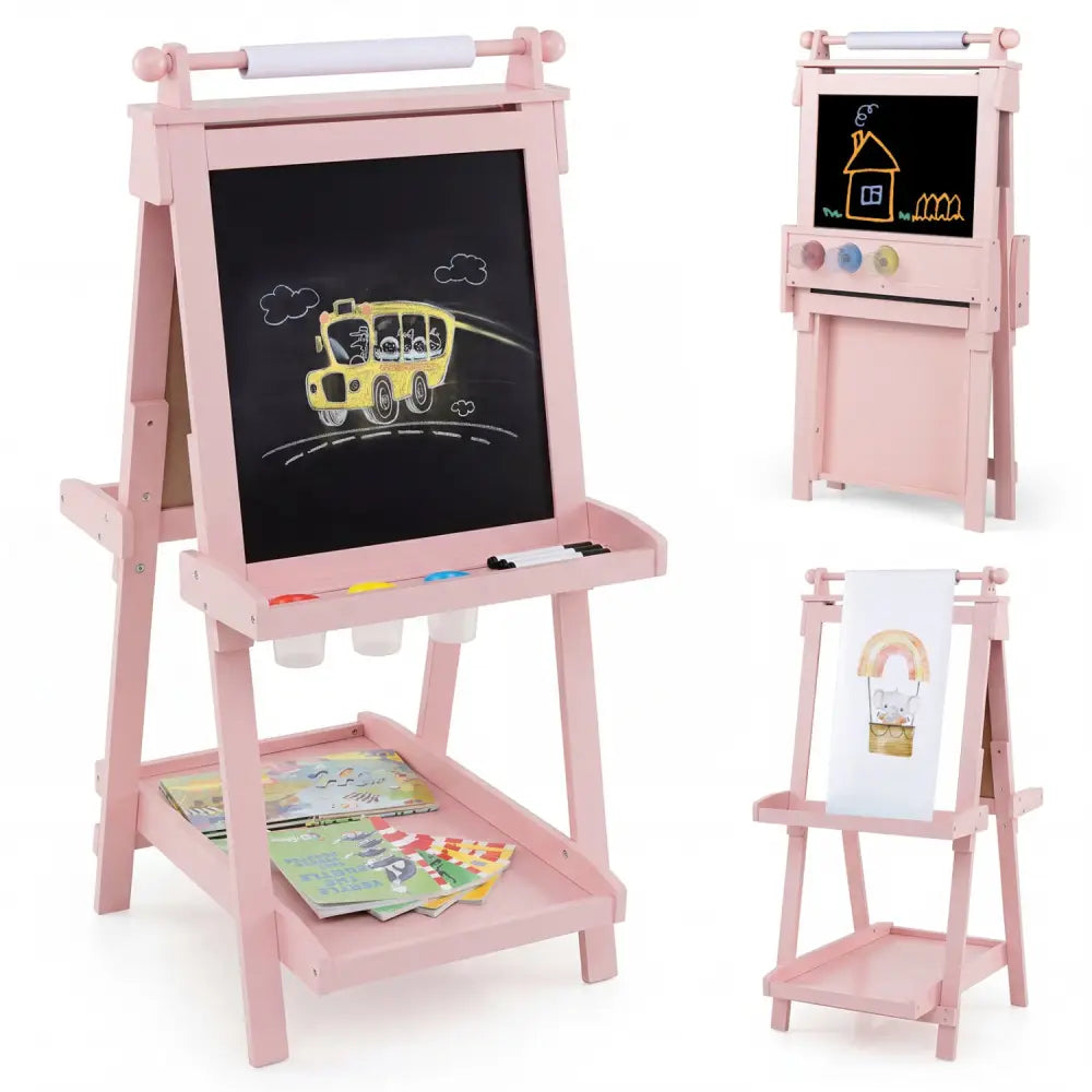 3-in-1 Double-sided Art Easel with Chalkboard and Magnetic Whiteboard-Pink - Pink - Art Easels