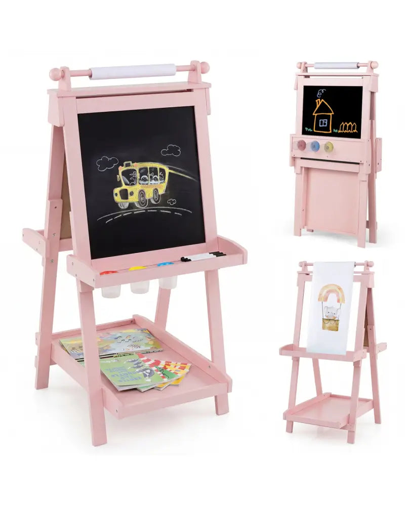 3-in-1 Double-sided Art Easel with Chalkboard and Magnetic Whiteboard-Pink - Pink - Art Easels