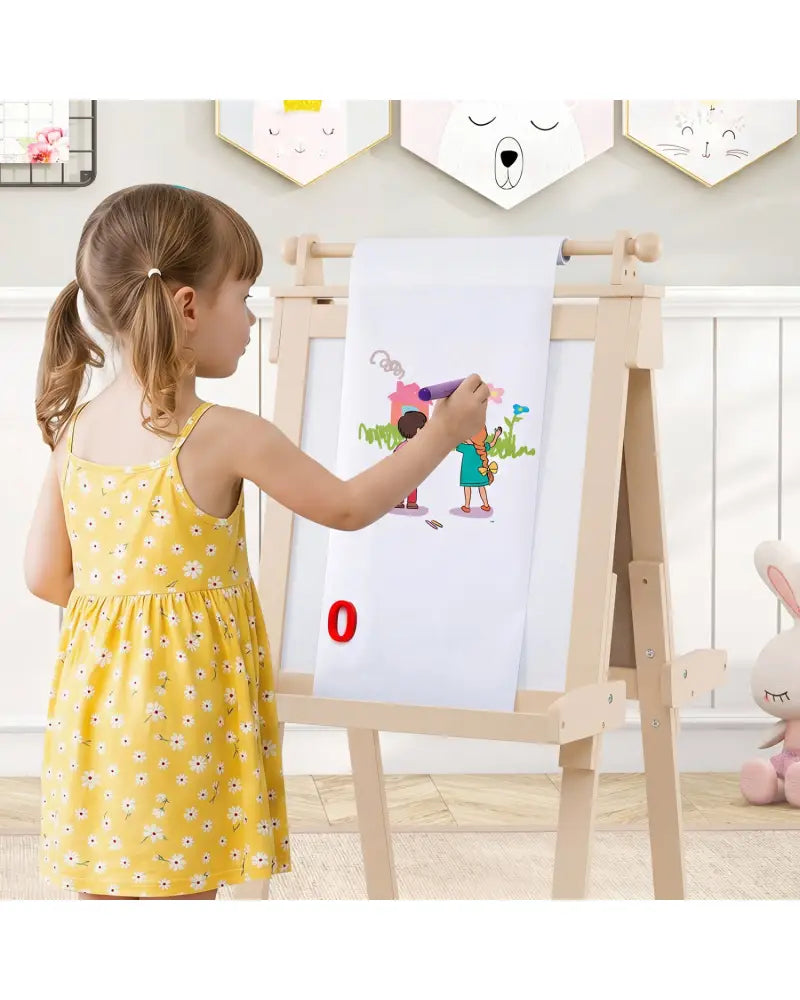 3-in-1 Double-sided Art Easel with Chalkboard and Magnetic Whiteboard-Natrual - Natural - Art Easels