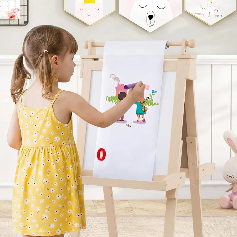 3-in-1 Double-sided Art Easel with Chalkboard and Magnetic Whiteboard-Natrual - Natural - Art Easels