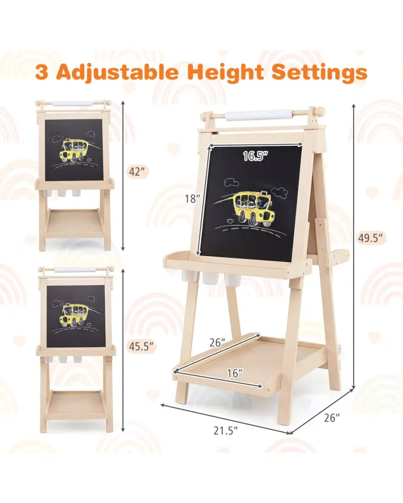 3-in-1 Double-sided Art Easel with Chalkboard and Magnetic Whiteboard-Natrual - Natural - Art Easels