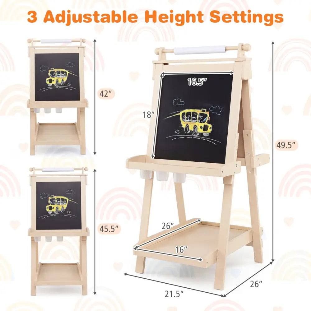 3-in-1 Double-sided Art Easel with Chalkboard and Magnetic Whiteboard-Natrual - Natural - Art Easels