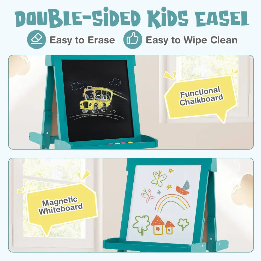 3-in-1 Double-sided Art Easel with Chalkboard and Magnetic Whiteboard-Green - Green - Art Easels