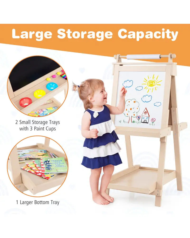 3-in-1 Double-sided Art Easel with Chalkboard and Magnetic Whiteboard-Natrual - Natural - Art Easels