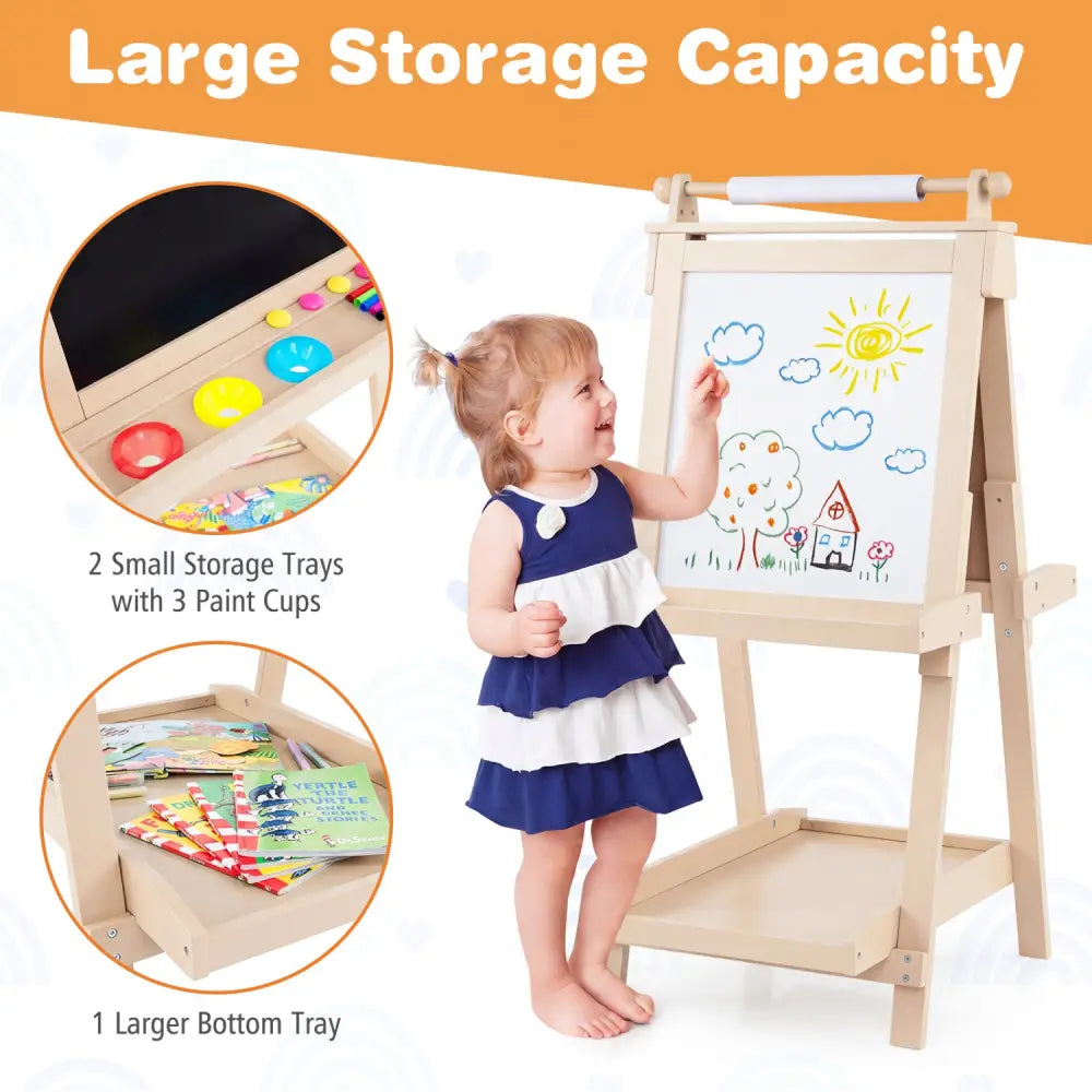 3-in-1 Double-sided Art Easel with Chalkboard and Magnetic Whiteboard-Natrual - Natural - Art Easels