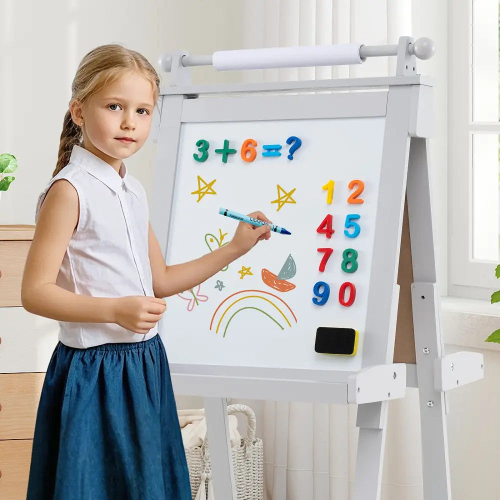 3-in-1 Double-sided Art Easel with Chalkboard and Magnetic Whiteboard-Gray - Gray - Art Easels